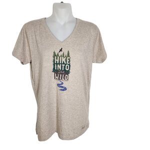 Life is Good Womens Crusher Tee Small Brown Hike Into Wild V Neck Short Sleeve